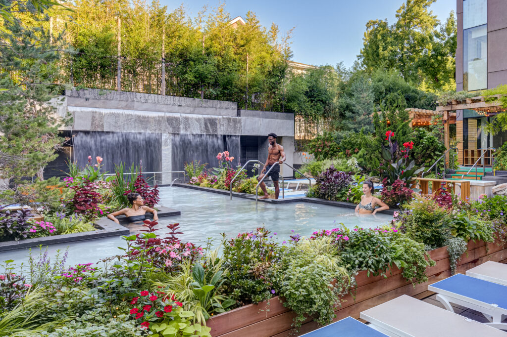 Two women relax in the silk bath on a clear, sunny day, surrounded by vibrant flowers, just as a man enters the bath, a waterfall in the distance