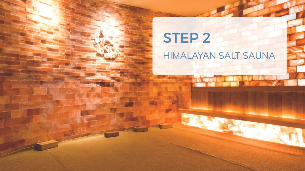 Sauna built from blocks of salt bricks. The colors include salmon hues. Overlaying text says "Step 2, Himalayan Salt Sauna"