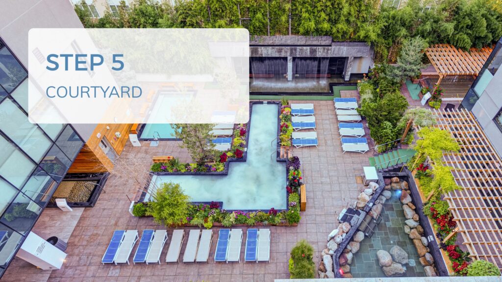 An infnity pool overlooking the nyc skyline, with a blue sky as the backdrop. Overlaying text says "Step 5, Courtyard"